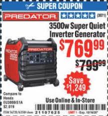 Using advanced inverter technology this generator produces more power, with a clean power curve and low fuel consumption. Harbor Freight Tools Coupon Database Free Coupons 25 Percent Off Coupons Toolbox Coupons Predator 3500 Watt Super Quiet Inverter Generator