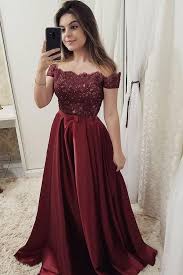 Burgundy Off Shoulder Satin Prom Dress With Lace A Line Cheap Formal Dresses N1571 Maroon Prom Dress Burgundy Prom Dress Prom Dresses Lace