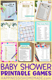 Bright colors, party pennant garlands, giant lollipops, and individual portions of c. 18 Printable Baby Shower Games Happiness Is Homemade