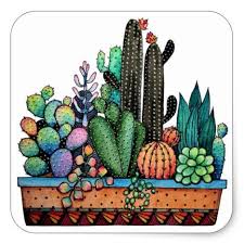 Cute Watercolor Cactus Garden In Pot Square Sticker Zazzle Com Succulents Drawing Cactus Drawing Cactus Painting