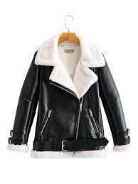 Pu Leather Sherpa Lined Belted Moto Jacket Shein Usa Jackets Sherpa Lined Sherpa Lined Jacket
