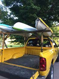 A pickup truck kayak rack that disassembles for easy storage. Diy Kayak Rack On The Cheap Spent 1 84 On Hardware So Far Still Needs Hooks And Maybe Some Padding Kayak Rack For Truck Kayak Rack Canoe Rack