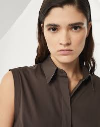 Brunello Cucinelli Stretch cotton poplin sleeveless shirt with shiny trim