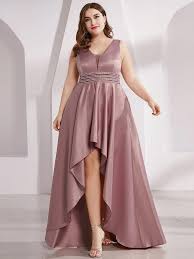 Women S Plus Size Asymmetric High Low Cocktail Party Dresses In 2020 Satin Prom Dress Prom Dresses With Sleeves Maxi Dress Party