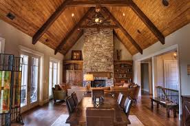 Wood ceiling planks for a tray ceiling. I Love This Look High Wood Ceiling Beams Stone Fireplace Built Ins Wood Floor Wh Vaulted Ceiling Living Room Traditional Family Rooms Family Room Design