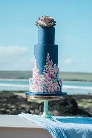 Navy Blue Hand Painted Wedding Cake Created For A Styled Shoot By The Sea Pretty Pastel F Hand Painted Wedding Cake Wedding Cakes Vintage Painted Wedding Cake