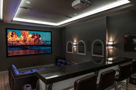 Platinum Theaters With Transitional Home Theater And Counter Counter Stools Leather Chairs Led Lighting Speakers On Wall Wall Sconces Finefurnished Com