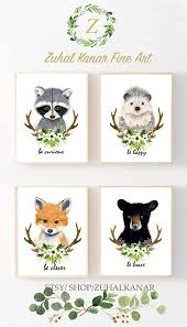 Woodland Animals Print Set Of 4 Nursery Custom Name Custom Letter Nursery Room Design Baby Shower Idea Baby Baby Girl Anima Painting Tablolar Planlayici