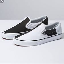 Black And White Slip On Vans Womens Vans Shoes Vans Slip Ons Black And White Half Color Black White Size 8 Vans Slip On Black Slip Ons Slip On Sneakers