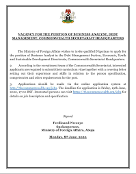 Nevertheless, do not forget that a sample cover letter for job application is not the only possible variant of nigerian formal letter you can use. Ministry Of Foreign Affairs Nigeria Auf Twitter Vacancy For The Position Of Business Analyst Debt Management At The Commonwealth Secretariat