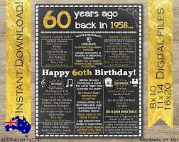 60th Birthday Sign Australia Facts Back In 1958 Australia Happy 60th Birthday 60th Birthday Poster 19 Birthday Sign 30th Birthday Sign 60th Birthday Poster
