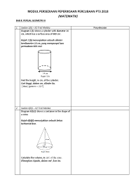 Peperiksaan pentaksiran tingkatan 3 akan diadakan mulai 8 oktober sehingga 11 oktober 2018. Matematik Pt3 2018