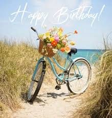 Birthday Wishes Picture With Aqua Colored Bike Basket Of Flowers Near Water Bilder Geburtstagskarte Kunst In Der Natur