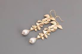 Gold Orchid Flower Earrings Orchid Drop Pearl Earrings Etsy Gold Orchid Pearl Drop Earrings Bridal Jewelry