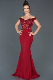 Bordo Uzun Kayik Yaka Cicekli Balik Abiye Abu978 The Dress Elbiseler Elbise Modelleri