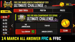 Day 2 esports ultimate challenge answer 13 march free fire ffbc ffic all questions to answer 100. 14 March All Answer Esports Ultimate Challenge Event Free Fire Free Fire New Event Ff New Event Youtube