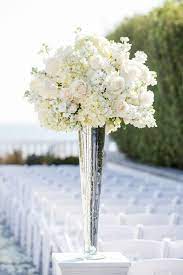 Tall White Rose And Hydrangea Centerpiece Flower Centerpieces Wedding White Flower Arrangements Wedding Flower Arrangements