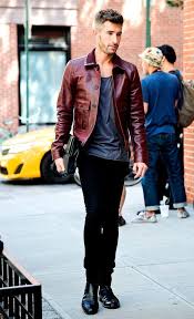 Men S Burgundy Leather Bomber Jacket Charcoal Crew Neck T Shirt Black Jeans Black Leather Chelsea Boots Mens Fashion Magazine Mens Outfits Mens Winter Fashion