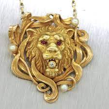 1870s Victorian 14k Yellow Gold Lion Necklace Chain Pendant Diamond Pearl Ruby Lion Necklace Lion Pendant Chains Necklace