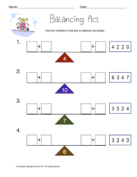 Worksheet Balancing Act Balance The Scales By Writing The Correct Numbers In The Boxes First Grade Math Equations Worksheets