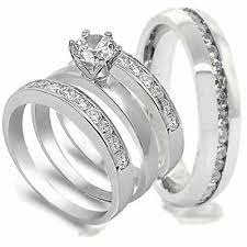 Ebay Ad Round Diamond Mens Ladies Engagement Weding Band Trio Ring Set 14k White Gold Matching Wedding Rings Wedding Ring Bands Engagement Ring Wedding Band