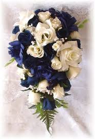 8pc Silk Wedding Bouquet Flowers Navy Blue Cream Ivory Bridal Roses Cascade Flower Bouquet Wedding Wedding Bouquets Silk Wedding Bouquets