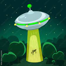 vector cartoon semi flat ufo night scene alien abduction in forest field  with star sky background story illustration Stock Vector | Adobe Stock