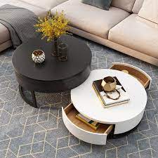 Comes with 2 rotatable drawers and a hidden storage, this coffee table offers ample space to store magazines, remote control, toys or your little secret. Modern Round Coffee Table With Storage Lift Top Wood Coffee Table With Rotatable Drawers In White Natural White Black Marble White Furniture
