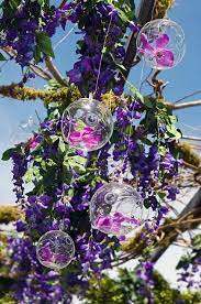 Single Orchids Float In Hanging Glass Orbs Scattered Amongst Vines Of Purple Sweet Peas Country Wedding Country Chic Wedding Purple Wedding