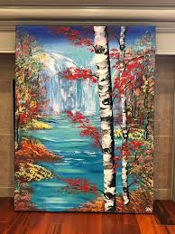 Birch Tree Canvas Wall Art Waterfall Acrylic Canvas Wall Art Birch Tree Turquoise Painting Ready To Hang Title Fall Size 30x40x Birches Painting Waterfall Paintings Birch Tree Painting