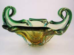 Vintage Murano Art Glass Bowl Green And Amber By Ladyrosetreasures 80 00 Glass Bowl Decor Art Glass Bowl Art Deco Glass