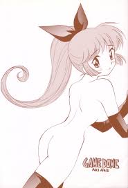 ono toshihiro, haneoka meimi, saint tail, kaitou saint tail, highres, 1990s  (style), 1girl, ass, bow, breasts, elbow gloves, female focus, from behind,  gloves, hair bow, halftone, looking back, magical girl, monochrome, nude,  pink theme, ponytail, retro artstyle, solo