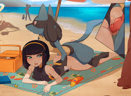 merunyaa, kasia mikolajczyk (silverfox442), lucario, nintendo, original,  pokemon, creatures (company), game freak, bad id, bad pixiv id, 1girl,  animal penis, ass, beach, bestiality, body freckles, censored, clothed sex,  freckles, gen 4 pokemon,
