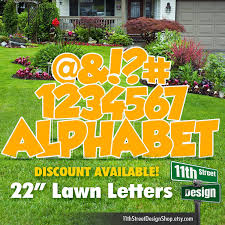 Placing yard sign letters in front lawns or in front of venues is easy and requires no tools. 22 Yellow Lawn Letter Yard Signs Full Alphabet 22 Etsy In 2021 Yard Cards Happy Birthday Yard Signs Birthday Yard Signs