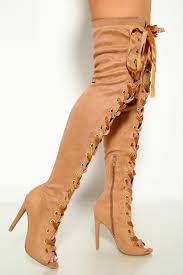 Shop milanoo.com for stylish women's over the knee boots at very competitive price. Camel Leopard Velvet Lace Up Open Toe Thigh High Heel Boots Shefinds
