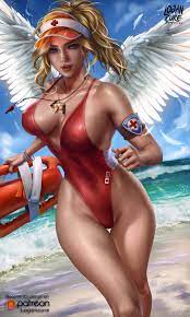 logan cure, mercy (overwatch), baywatch, overwatch, overwatch 1, absurdres,  commentary, highres, 1girl, angel wings, armband, artist name, bangle,  beach, blonde hair, blue eyes, blue sky, bouncing breasts, bracelet,  breasts, cleavage, collarbone, covered