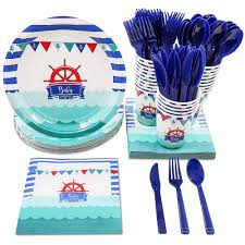 The lighthouse + nautical party ideas and elements that i like most from this charming birthday event are: Disposable Dinnerware Set Serves 24 Nautical Themed Baby Shower Party Supplies Includes Plastic Knives Spoons Forks Paper Plates Napkins Cups Walmart Canada