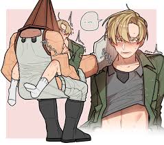 james sunderland, pyramid head, silent hill (series), silent hill 2, black  footwear, implied anal, highres, korean commentary, 2boys, bbiiyak, blonde  hair, blush, boots, green jacket, grey eyes, hair between eyes, helmet,  implied