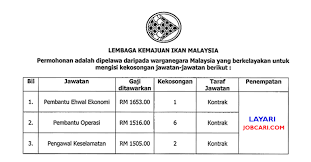 Iklan permohonan jawatan kosong terkini di bawah merupakan maklumat kekosongan jawatan yang ditawarkan oleh majikan terlibat. Jawatan Kosong Di Lembaga Kemajuan Ikan Malaysia Lkim Jobcari Com Jawatan Kosong Terkini