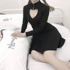 Japanese Black Cute Out Heart Chest Hole Collar Strings Dress Sd01346 Women Long Sleeve Dress Long Sleeve Dress Fashion