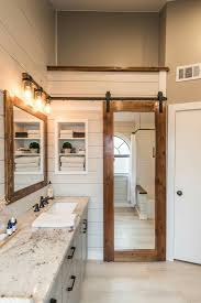 Full Length Mirror On Inside Of Barn Sliding Door In Bathroom Farmhouse Master Bathroom Modern Farmhouse Bathroom Bathroom Remodel Master