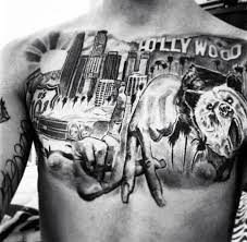 Designs can be black and white, all black, or every color of the rainbow for a beautiful watercolor affect. 30 Los Angeles Skyline Tattoo Designs Fur Manner Southern California Ink Ideen Mann Stil Tattoo La Tattoo Chest Piece Tattoos Picture Tattoos