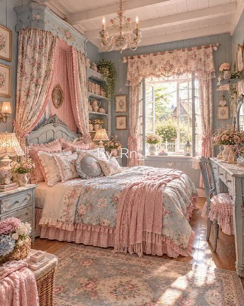 A timeless cottage-style bedroom filled with vintage charm, floral prints, carved wooden beds, and soft blush-pink details. 🌸🤍 #Cottagecore #VintageBedroom #BedroomInspiration #CozyInteriors #Interio