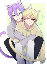 cat boy, yellow hoodie, grey hoodie, male focus, tongue out - Anime R34