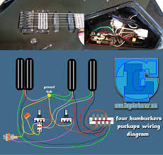 Each wiring diagram is shown with a treble bleed modification (a 220kω resistor in parallel with a 470pf cap) added to the volume pots. Four Humbuckers Pickup Wiring Diagram Hotrails And Quadrail