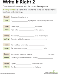 Homophones Write It Right 2 Worksheet Education Com Spelling Worksheets Homophones 2nd Grade Worksheets