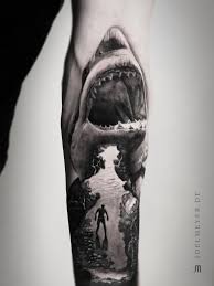 Black And White Shark Tattoo Sleeve Shark Diver Realistic Tattoo Black And Grey Joel Meyer Black And Grey Tattoos Sleeve Ocean Sleeve Tattoos Black And Grey Tattoos