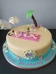 Fondant 50th Birthday Cakes For Ladies Beach Cake For 50th Birthday Sunbathing Umbrella Palm Tree Beach Birthday Cake Beach Cakes Beach Themed Cakes