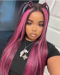 Amazon.com : PLAASET Ombre Lace Front Wig Human Hair Pre Plucked Skunk  Stripe Human Hair Wig 13x4 HD Pink Frontal Wig Human Hair Body Wave  Highlight Pink Wig Colored Wigs 200% Density