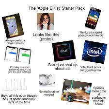 The Apple Elitist Starter Pack R Starterpacks Starter Packs Know Your Meme Some of them may contain different amount of clips as they were cut over the past few years by different people. the apple elitist starter pack r